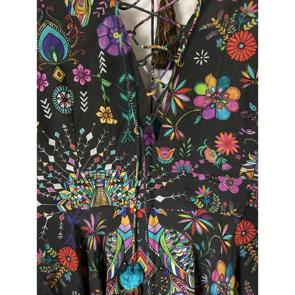 Matthew Williamson Silk Dress laceup with tassel hem bell long slv bright New 4 - Picture 2 of 16